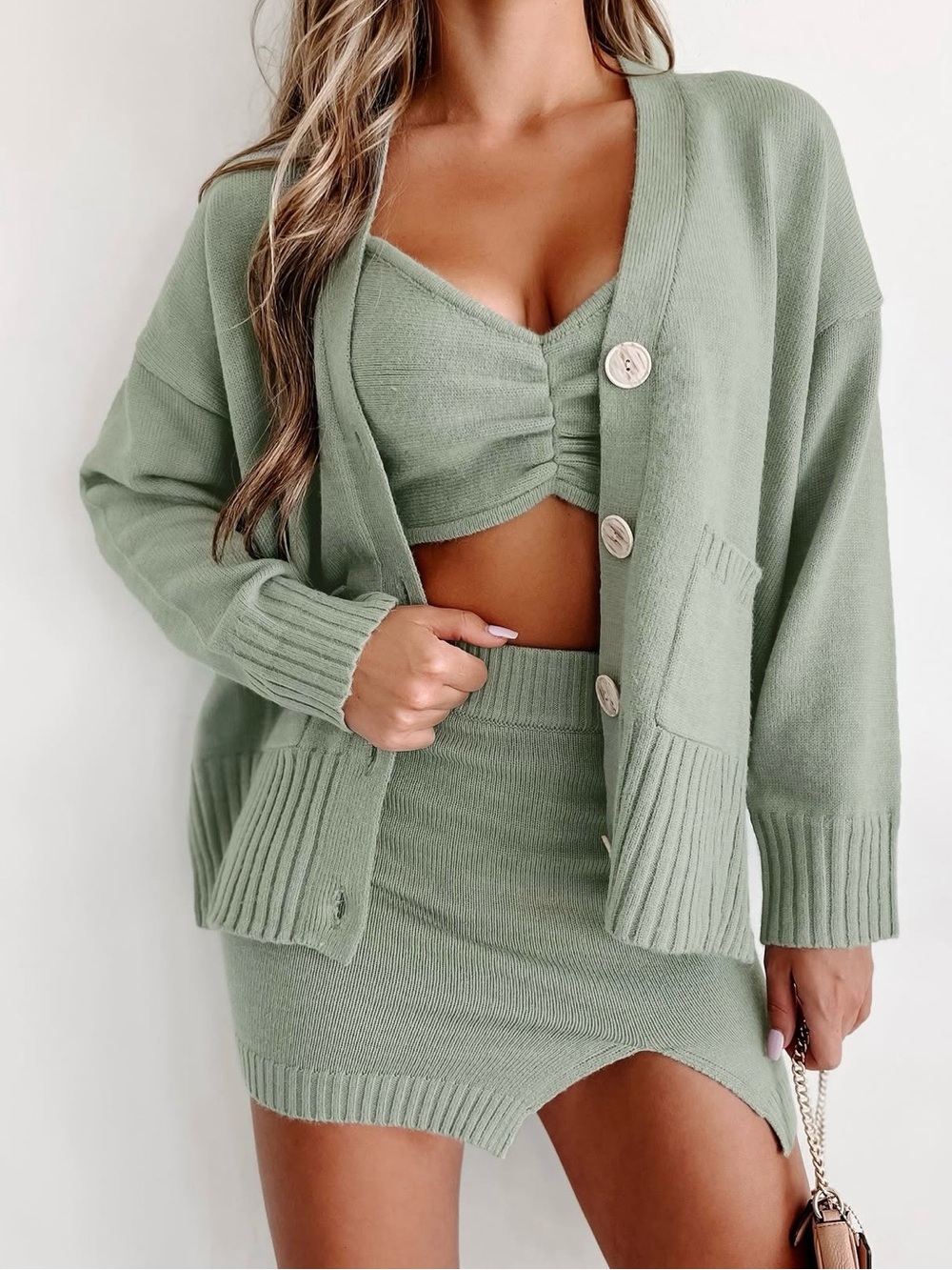 Mable Knitted cardigan, skirt and tank set in sage size Medium/Large